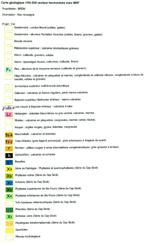 légende carte géologique du Massif de Sicié